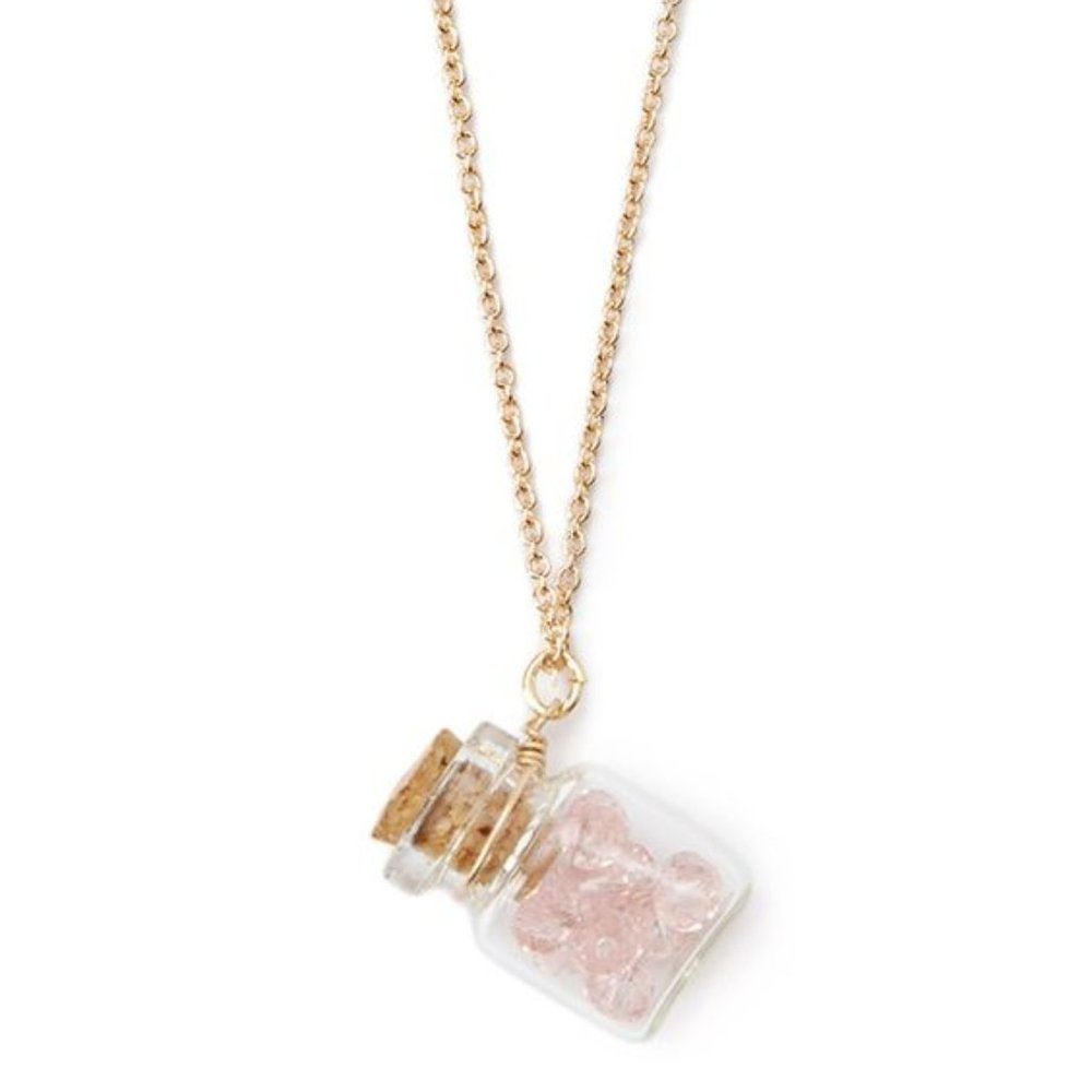 Mini Pink Bead Filled Jar Pendant 15" Necklace